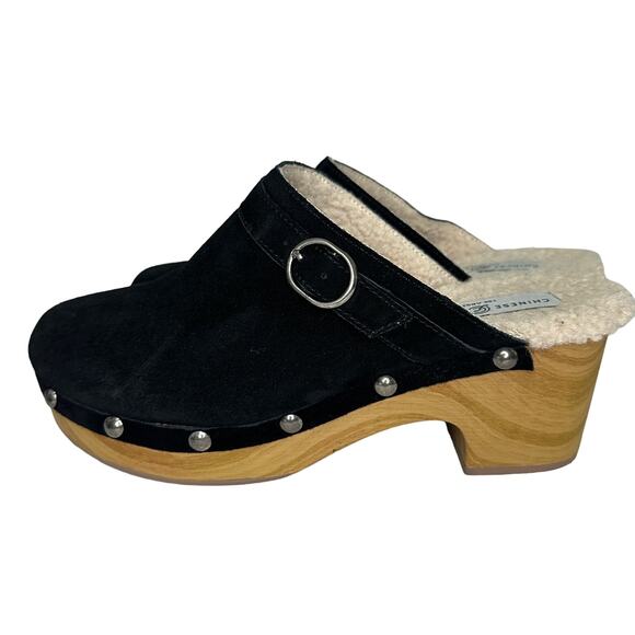 Chinese Laundry Carlie Clog Black Suede Wooden Shoe Women Size 10 Shearling - Picture 1 of 14